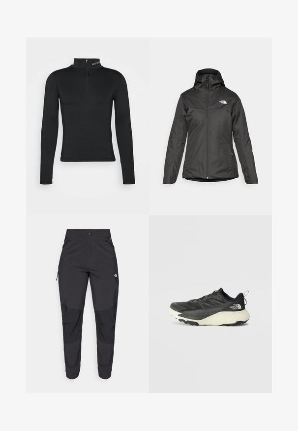 Crna izolirana jakna s kapuljačom, punim prednjim zatvaračem i elastičnim manžetama. Izrađena od glatkog, vodoodpornog materijala s detaljem loga.; Crna majica dugih rukava s visokim ovratnikom i zatvaranjem na četvrtasti patentni zatvarač. Glatka tekstura i prilagođeni dizajn za optimizirane performanse.; Crne vanjske hlače izrađene od izdržljivog materijala. Imaju džepove sa zatvaračem, ojačane paneli na koljenima i ravni kroj za slobodu pokreta.; Crna atletska cipela s teksturiranim gornjim dijelom, sivim detaljima i bijelim međuslojem. Ima držač i istaknutu marku na peti.
