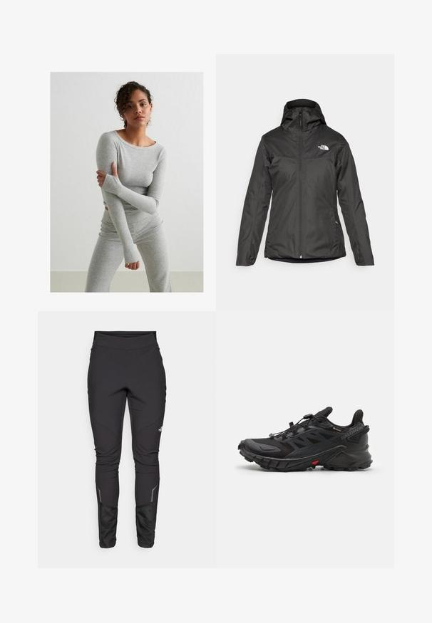 Czarna ocieplana kurtka z kapturem, pełnym zamkiem z przodu i elastycznymi mankietami. Wykonana z gładkiego, wodoodpornego materiału z detalem logo.; Szara bluzka z długim rękawem i dopasowane legginsy wykonane z tkaniny w prążek, z otworami na kciuki i okrągłym dekoltem, na jednolitym tle.; Czarne spodnie outdoorowe o dopasowanym kroju, wykonane z trwałego materiału, z odblaskowymi akcentami i panelowym przeszyciem, które zapewniają zwiększoną swobodę ruchu i komfort.; Czarne buty sportowe z teksturowaną cholewką, z systemem zabezpieczającym sznurówki, amortyzowaną podeszwą i wyraźnym czerwonym akcentem po boku.