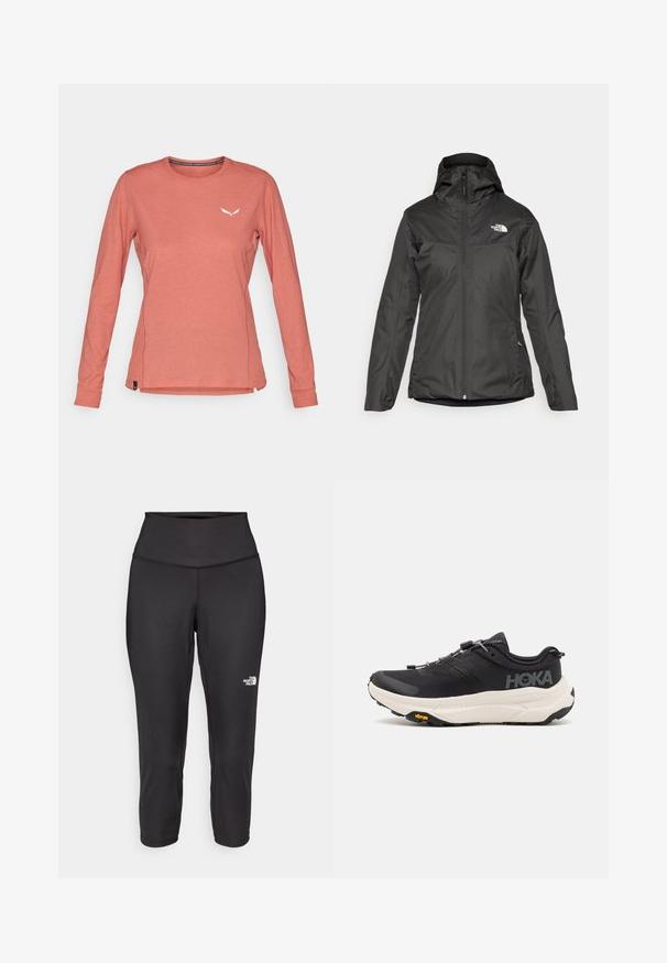 Sort isoleret jakke med hætte, fuld frontlynlås og elastiske manchetter. Lavet af glat, vandafvisende materiale med logodetaljer.; Langærmet bluse i lys koralfarve lavet af blødt stof, med en rund halsudskæring og et lille hvidt logo på brystet. Sideslids ved sømmen.; Sorte capri leggings lavet af strækbart stof, med en høj talje og et lille hvidt logo på venstre side. Glat tekstur.; Sorte løbesko med et åndbart mesh-overdel, gummisåler, hvid dæmpningsmellemsål og reflekterende snørebånd. Vibram-logo på sålen.