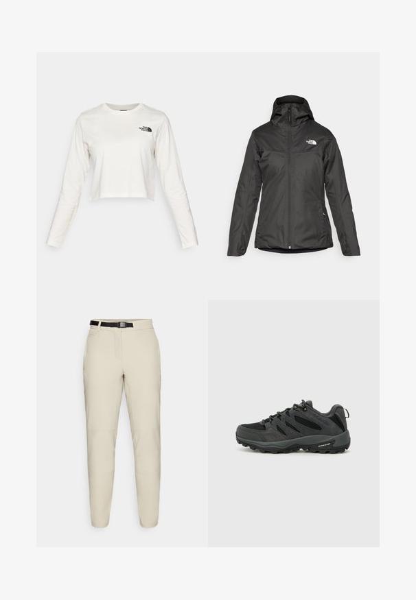 Schwarze isolierte Jacke mit Kapuze, durchgehendem Reißverschluss und elastischen Bündchen. Hergestellt aus glattem, wasserabweisendem Material mit Logodetail.; Gekürztes Langarm-T-Shirt aus off-weißem Baumwollstoff, mit einem kleinen schwarzen Logo auf der linken Brust und einem runden Halsausschnitt.; Beige Hosen mit schmalem Schnitt, aus einem glatten Stoff, mit einem verstellbaren schwarzen Bund und seitlichen Taschen.; Columbia REDMOND - Hikingschuh - black/citron haze