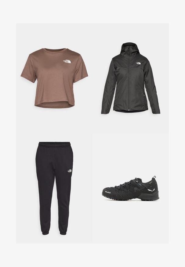 Svart isolert jakke med hette, full glidelås foran og elastiske mansjetter. Laget av glatt, vannavstøtende materiale med logo-detalj.; The North Face SIMPLE DOME CROPPED SLIM TEE - T-shirts med print - smokey brown; Svarte joggebukser laget av myk bomull-blanding. Har elastisk midjebånd, tapered ben-design, og en liten hvit logo på nedre høyre side.; Sorte tursko med teksturert stoffoverdel, snøresystem og røff gummisåle. Utsmykket med reflekterende detaljer og logoer.