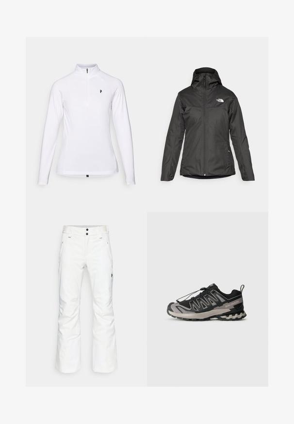 Casaco isolado preto com capuz, fecho frontal completo e punhos elásticos. Feito de um material liso e resistente à água com detalhe do logo.; Pulôver branco de mangas longas com colarinho de fecho de correr até um quarto, apresentando um logo preto no peito e um tecido suave e leve.; Calças de neve brancas com um design de perna reta, dois bolsos frontais e dois fechos com botão preto. Tecido texturizado com detalhe em marcação preta.; Sapatilha desportiva em preto e cinza com parte superior em malha, sola em borracha e sistema de atacadores elásticos. Apresenta uma biqueira reforçada e detalhes texturizados.