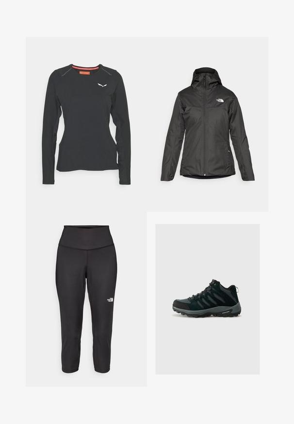 Černá izolovaná bunda s kapucí, plným předním zipem a elastickými manžetami. Vyrobena z hladkého, voděodolného materiálu s detailním logem.; Salewa PEDROC DRY TEE W. - Top s dlouhým rukávem - black out; Černé capri legíny vyrobené z elastického materiálu, s vysokým pasem a malým bílým logem na levé straně. Hladká textura.; Columbia REDMOND - Trekingové boty - black/citron haze