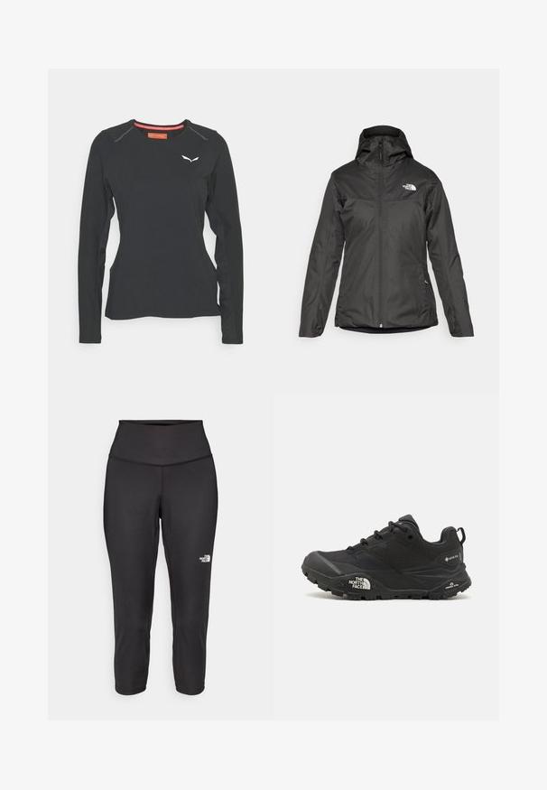 Crna izolirana jakna s kapuljačom, punim prednjim zatvaračem i elastičnim manžetama. Izrađena od glatkog, vodoodpornog materijala s detaljem loga.; Salewa PEDROC DRY TEE W. - Top dugih rukava - black out; Crne capri tajice izrađene od rastezljivog materijala, s visokim strukom i malim bijelim logotipom s lijeve strane. Glatka tekstura.; Crne planinarske cipele s teksturiranim gornjim dijelom, zatvaranjem na vezivanje i debelim gumenim potplatom koji sadrži istaknuti logo na strani i uzorke na gaznom sloju.