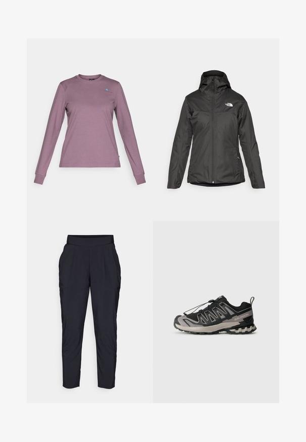 Giubbotto isolante nero con cappuccio, zip frontale completa e polsini elasticizzati. Realizzato in materiale liscio e resistente all'acqua con dettagli del logo.; Maglietta a maniche lunghe in lavanda tenue. Realizzata in un morbido tessuto con scollatura a girocollo, presenta un piccolo logo blu sul petto e maniche aderenti.; Pantaloni neri a sigaretta con una ampia vita elasticizzata, pieghe frontali e tasche laterali. Realizzati in un tessuto leggero e liscio.; Scarpa sportiva nera e grigia con tomaia in rete, suola in gomma e sistema di lacci elastici. Presenta una punta rinforzata e dettagli testurizzati.