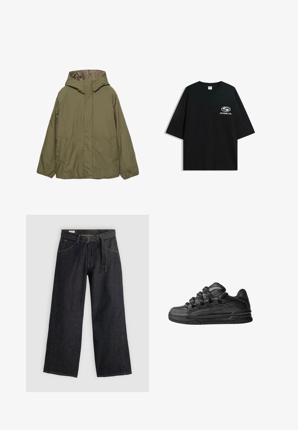 Olijfgroene capuchonjack met een gladde textuur, details van de voornaad en twee zijzakken. Zachte voering en elastische manchetten.; Zwarte oversized katoenen t-shirt met een ronde halslijn en korte mouwen, met een witte "Shibuya" logo gedrukt op de voorkant.; Donker denim wijde broek met een gestrikt taille, voorzien van zijzakken en contrasterende stiksels. Gladde textuur met een strak ontwerp.; Zwarte sneakers met een glad leren bovenwerk, gearceerde accenten en ronde zwart-witte veters. Dikke rubberen zool met een geprofileerd loopvlak.
