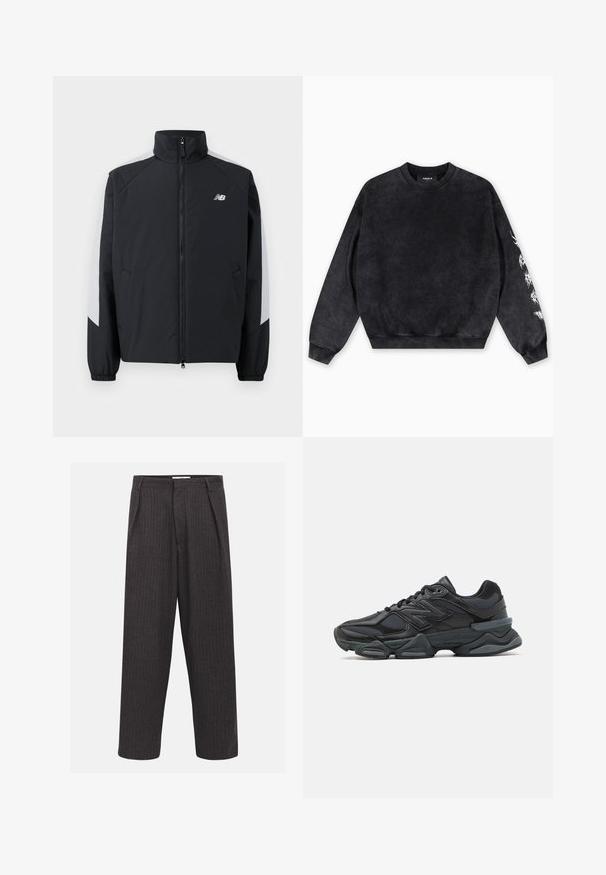Veste noire avec un col montant, fermeture éclair à l'avant et accents gris sur les épaules. Elle possède des poignets élastiques et des poches latérales.; Sweat-shirt noir en matière douce, doté d'un col rond, de poignets côtelés et d'un motif graphique blanc sur la manche gauche.; Pantalons à rayures fines gris foncé avec une coupe ample, plis avant et une texture lisse, dotés d'une taille standard et sans pièces métalliques visibles.; Chaussure de course noire mettant en avant un mélange de mesh et de matériaux synthétiques, avec une semelle épaisse, un design arrondi et un logo bien visible sur le côté.
