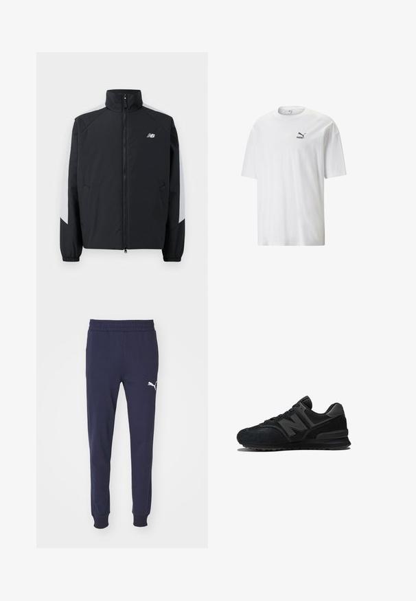 Svart jacka med hög krage, framdragkedja och grå detaljer på axlarna. Har elastiska manschetter och sidofickor.; Vit bomullströja med rund halsringning och korta ärmar. Har en liten svart Puma-logotyp på vänster bröst. Slät textur, avslappnad passform.; Marinblå svettbyxor med elastisk midja, smalnande ben och vitt Puma-logotypdetalj på vänster lår. Slät, mjuk tygtextur.; Svart sneaker med ovandel i mocka och mesh, tjock sula och framträdande 'N'-logotyp på sidan. Texturerad design med snörning.