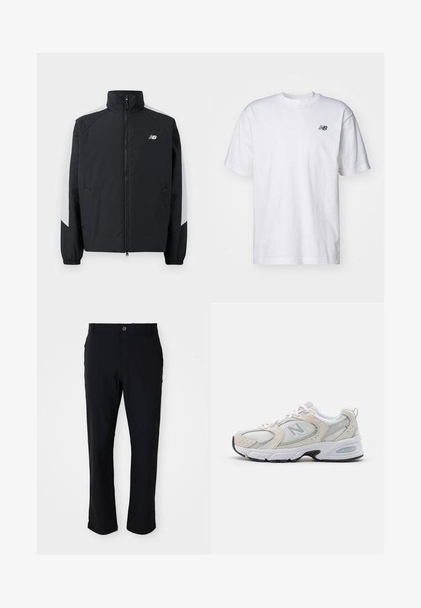 Sort jakke med høj krave, frontlynlås og grå detaljer på skuldrene. Har elastiske manchetter og sidelommer.; Hvid kortærmet T-shirt med rund hals og lille sort New Balance-logo på venstre bryst mod en ensfarvet baggrund.; Sorte bukser med knaplukning, lige ben-design, glat tekstur og sidelommer, velegnet til forskellige lejligheder.; Sportssko med en lys grå mesh-overdel og ruskindsdetaljer, hvide snørebånd og en sort gummisål. Bemærkelsesværdig ABZORB dæmpning.