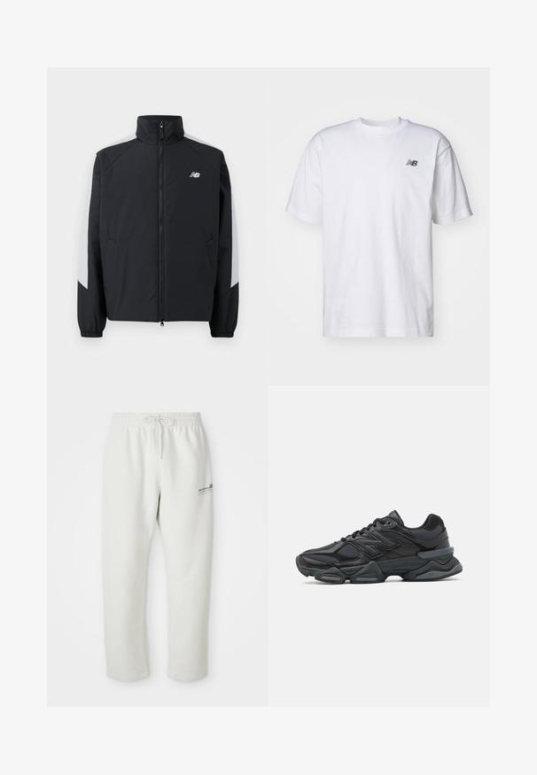 Zwarte jas met een hoge kraag, een rits aan de voorkant en grijze accenten op de schouders. Voorzien van elastische manchetten en zijzakken.; Witte korte mouwen crew neck T-shirt met klein zwart New Balance-logo op de linkerkant van de borst tegen een effen achtergrond.; Lichtgrijze sweatpants van zachte stof, met een elastische tailleband met koord en een klein logo op de linkerdij.; Zwarte hardloopschoen met een mix van mesh en synthetische materialen, een stevige zool, gebogen ontwerp en prominente branding op de zijkant.