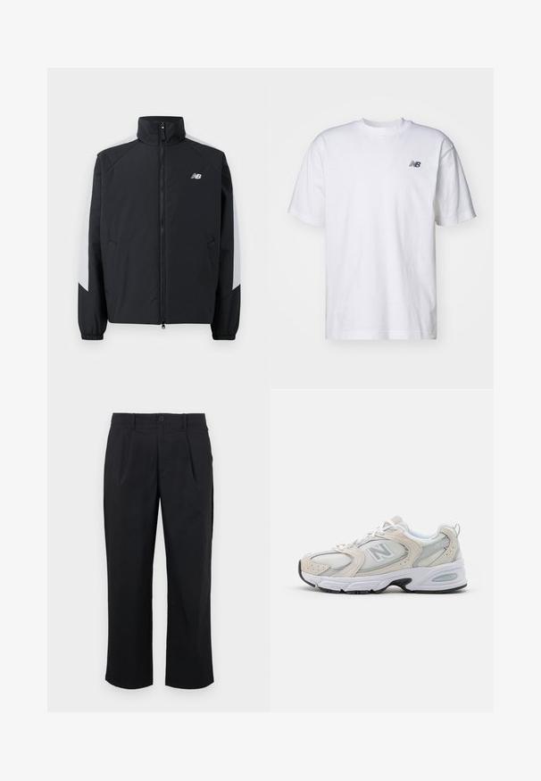 Svart jacka med hög krage, framdragkedja och grå detaljer på axlarna. Har elastiska manschetter och sidofickor.; Vit kortärmad T-shirt med rund halsringning och en liten svart New Balance-logotyp på vänster bröst, mot en enfärgad bakgrund.; Svarta byxor med rak passform, med veck fram, knappstängning och slät tygstruktur.; Idrottssko med en ljusgrå mesh-overdel och suede-accenter, vita snörning och en svart gummisula. Utmärkande ABZORB-dämpning.