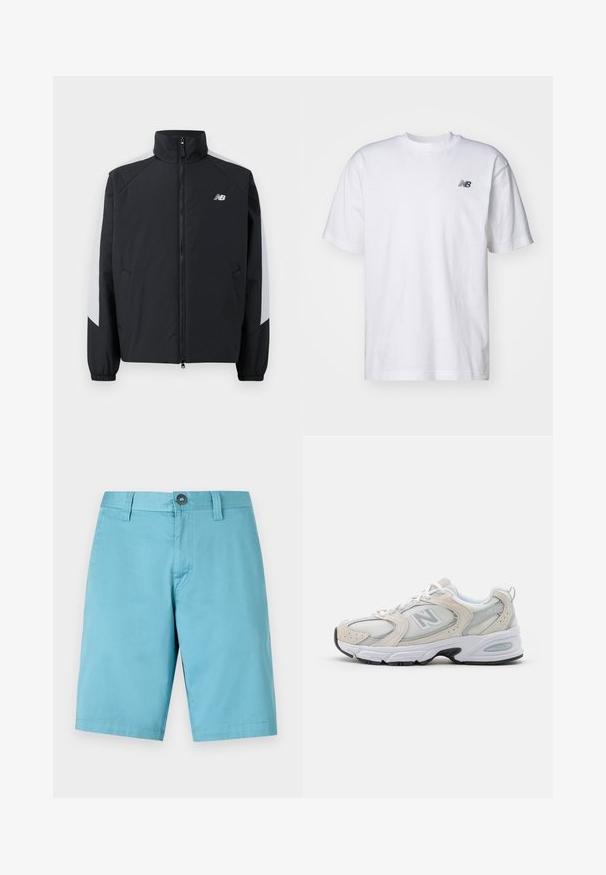 Veste noire avec un col montant, fermeture éclair à l'avant et accents gris sur les épaules. Elle possède des poignets élastiques et des poches latérales.; T-shirt blanc à manches courtes et col ras du cou avec un petit logo New Balance noir sur la poitrine gauche, sur un fond uni.; Shorts bleu clair en tissu lisse. Présentent une fermeture à bouton et des passants de ceinture, avec une coupe droite qui descend jusqu'au genou.; Chaussure de sport avec un dessus en mesh gris clair et des accents en daim, des lacets blancs et une semelle en caoutchouc noire. Détail d'amorti ABZORB remarquable.