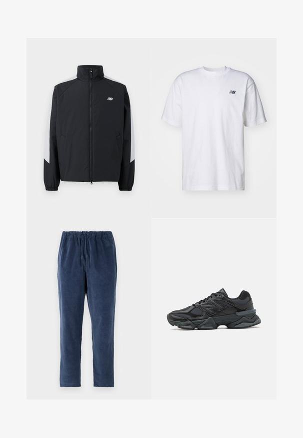Musta takki, jossa on korkea kaulus, etuvetoketju ja harmaat yksityiskohdat hartioissa. Mukana elastiset hihansuut ja sivutaskut.; Valkoinen lyhythihainen crew neck -t-paita, jossa vasemmassa rinnassa pieni musta New Balance -logo, taustalla yksinkertainen tausta.; Tummansiniset housut, joissa on pehmeä materiaalituntu, joustava vyötärönauha ja suoralahkeinen malli. Ei taskuja. Kangas näyttää hieman harjatulta.; Musta juoksukenkä, jossa on yhdistelmä verkko- ja synteettisiä materiaaleja, paksu pohja, kaareva muotoilu ja näkyvä brändäys sivussa.