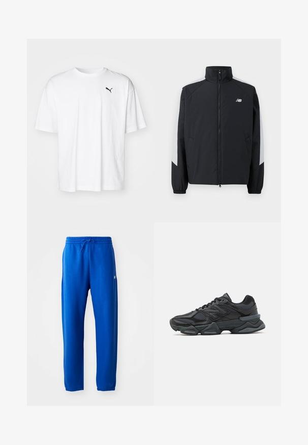 Svart jacka med hög krage, framdragkedja och grå detaljer på axlarna. Har elastiska manschetter och sidofickor.; Vit bomulls t-shirt med rund hals och korta ärmar. Har en liten svart Puma-logga på vänster bröst. Mjuk textur.; Blå joggingsbyxor i mjukt tyg, med elastisk midja med dragsko, avsmalnande ben och en liten logodetalj på sidan.; Svart löparsko med en kombination av mesh och syntetiska material, kraftig sula, rundad design och framträdande varumärkning på sidan.