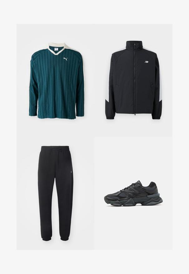 Μαύρο μπουφάν με ψηλό γιακά, μπροστινό φερμουάρ και γκρι λεπτομέρειες στους ώμους. Διαθέτει ελαστικές μανσέτες και πλευρικές τσέπες.; Τιρκουάζ μακρυμάνικη μπλούζα με κατακόρυφη ριγέ υφή, V- λαιμόκοψη και λευκό γιακά. Έχει ένα μικρό λευκό λογότυπο Puma στο στήθος.; Μαύρο αθλητικό παντελόνι φ made από μαλακό υλικό με ελαστική μέση, κορδόνι και στενά μανίκια, με διακριτό λογότυπο στο πλάι.; Μαύρο αθλητικό παπούτσι με συνδυασμό πλέγματος και συνθετικών υλικών, χοντρή σόλα, καμπυλωτό σχέδιο και έντονη επωνυμία στο πλάι.