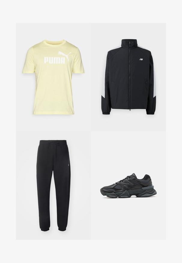 Crna jakna s visokim ovratnikom, prednjim patentnim zatvaračem i sivim akcentima na ramenima. Ima elastične manžete i bočne džepove.; Žuta pamučna majica s kratkim rukavima, koja na prednjoj strani ima veliki bijeli logo "PUMA" i siluetu pumice. Mekan materijal, okrugli izrez.; Crne sweatpants napravljene od mekog materijala s elastičnom trakom u struku, žicom za zatezanje i suženim manžetama, s blagim logotipom sa strane.; Crne trkačke tenisice izrađene od kombinacije mrežastih i sintetičkih materijala, s debelim potplatom, zakrivljenim dizajnom i istaknutim brendom sa strane.
