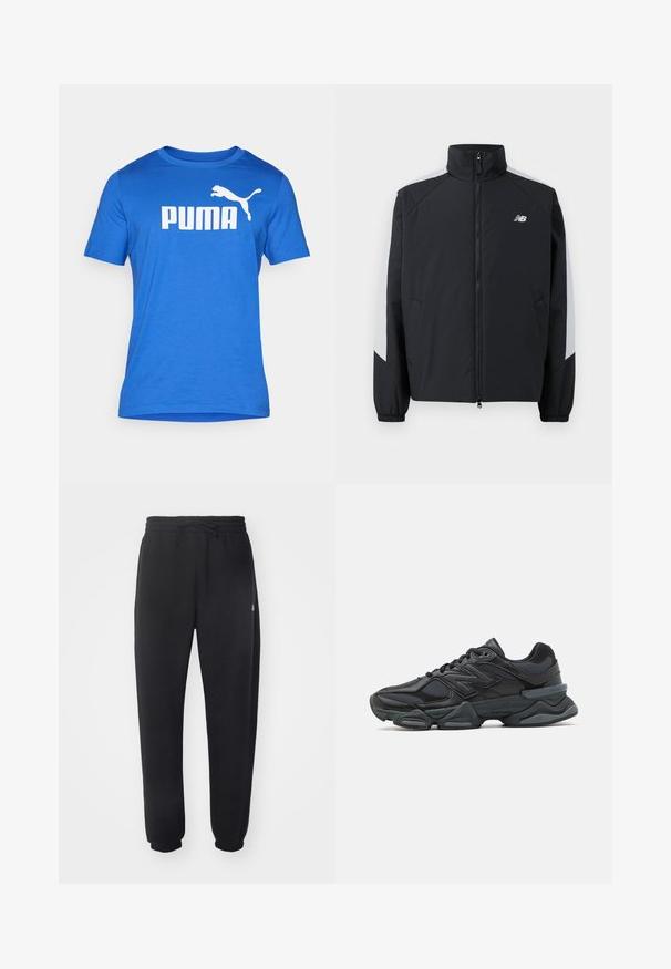 Black jacket with a high collar, front zipper, and gray accents on the shoulders. Features elastic cuffs and side pockets.; Blue short-sleeved t-shirt made of smooth fabric with a crew neck. Features a large white “PUMA” logo and a leaping puma graphic.; Black sweatpants made of soft material with an elastic waistband, drawstring, and tapered cuffs, featuring a subtle logo on the side.; Black running shoe featuring a mix of mesh and synthetic materials, chunky sole, curved design, and prominent branding on the side.