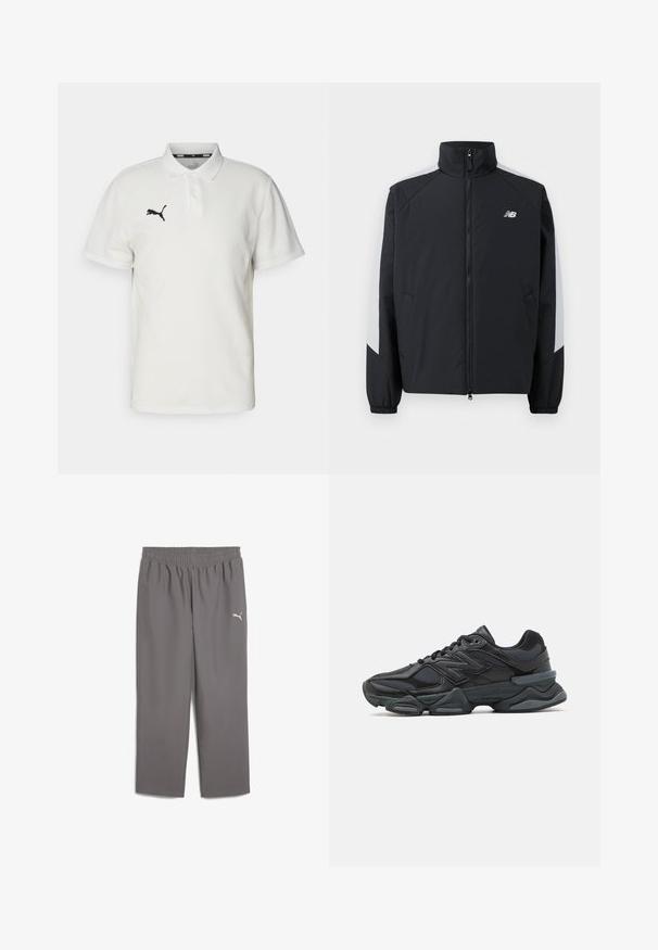 Juoda striukė su aukštu apykakle, priekiniais užtrauktukais ir pilkomis detalėmis ant pečių. Sukurta su elastingais rankogaliais ir šoninėmis kišenėmis.; Balta medvilnė polo marškinėliai su juodu siuvinėjimu kairiajame krūtinės kampe, su klasikiniu apykakle ir trumpomis rankovėmis.; Pilkos sportinės kelnės su elastinga juosmeniu, pagamintos iš lengvos medžiagos. Pasižymi maža balta logo ant kairiojo kojos.; Juodas bėgimo batelis, pagamintas iš tinklinės ir sintetinės medžiagos, turintis stambų pado dizainą, kreivą formą ir ryškią prekės ženklą šone.