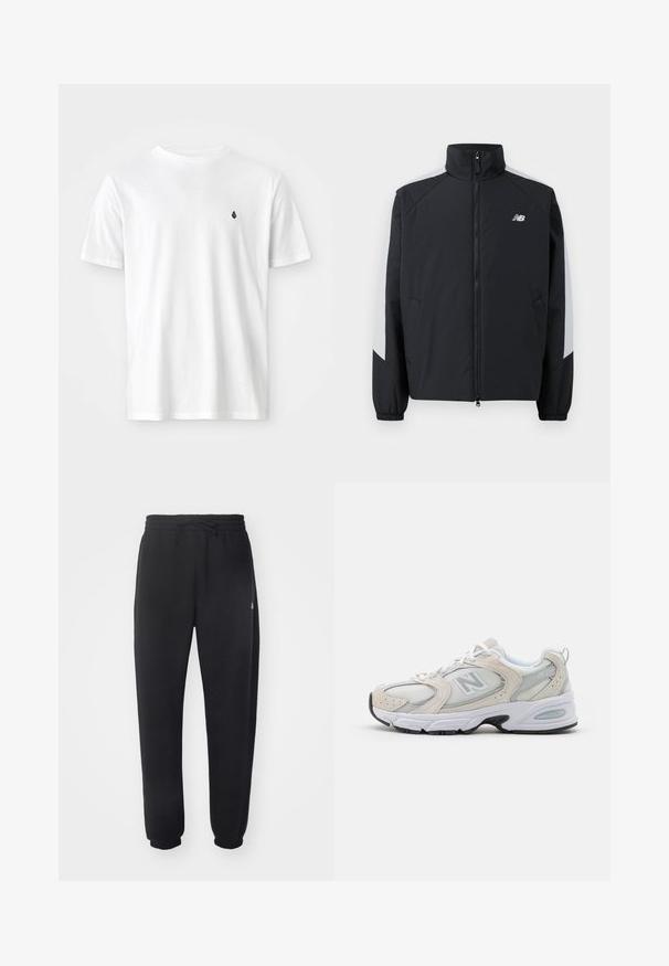 Black jacket with a high collar, front zipper, and gray accents on the shoulders. Features elastic cuffs and side pockets.; White cotton t-shirt with a classic crew neck, short sleeves, and a small black logo on the left chest. Smooth texture, casual fit.; Black sweatpants made of soft material with an elastic waistband, drawstring, and tapered cuffs, featuring a subtle logo on the side.; Athletic shoe featuring a light gray mesh upper with suede accents, white laces, and a black rubber sole. Notable ABZORB cushioning detail.