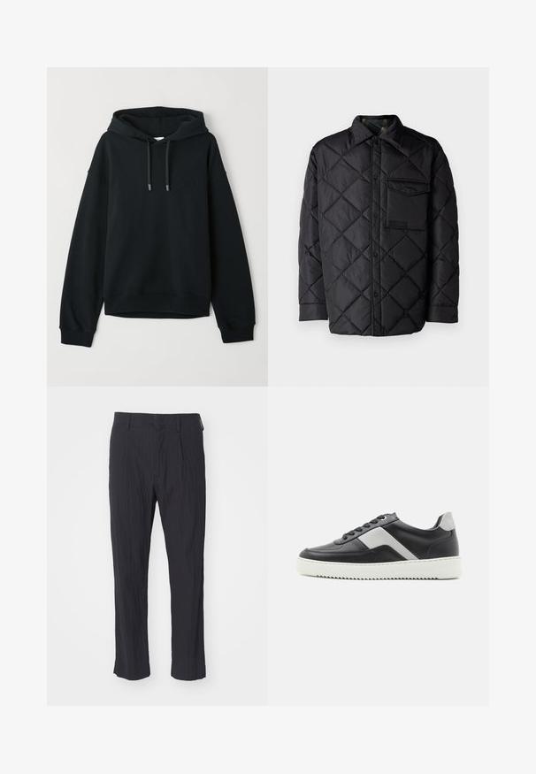 Giacca nera trapuntata con motivo a diamond, maniche lunghe, colletto e taschino sul petto. Texture liscia e chiusura con bottoni a pressione.; Felpa nera realizzata in una morbida combinazione di cotone. Presenta un cappuccio con cordino, polsini e orlo a costine, con un logo discreto sul petto.; Pantaloni neri plissettati con tessuto testurizzato, caratterizzati da un design a gamba dritta e una vita standard. Senza tasche visibili o componenti metallici.; Sneaker in pelle nera con accenti grigi, suola in gomma bianca, punta rotonda e sei occhielli neri per i lacci. Dettaglio del pannello laterale testurizzato.