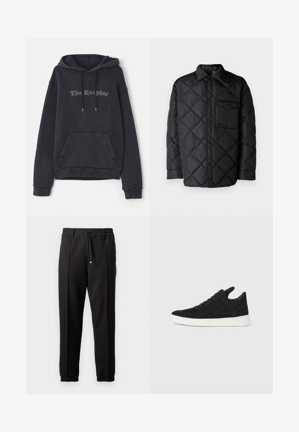 Giacca nera trapuntata con motivo a diamond, maniche lunghe, colletto e taschino sul petto. Texture liscia e chiusura con bottoni a pressione.; Felpa con cappuccio grigio scuro, dotata di tasca frontale, cordini e design del testo "The Keepers" in embellimenti chiari. Tessuto morbido e testurizzato.; Pantaloni neri con cintura, cordoncino e polsini elasticizzati. Presentano pieghe e un tessuto liscio e strutturato.; Sneaker in suede nero con suola in gomma bianca, caratterizzato da cuciture tonali e design con lacci. Texture liscia con una forma moderna e aerodinamica.
