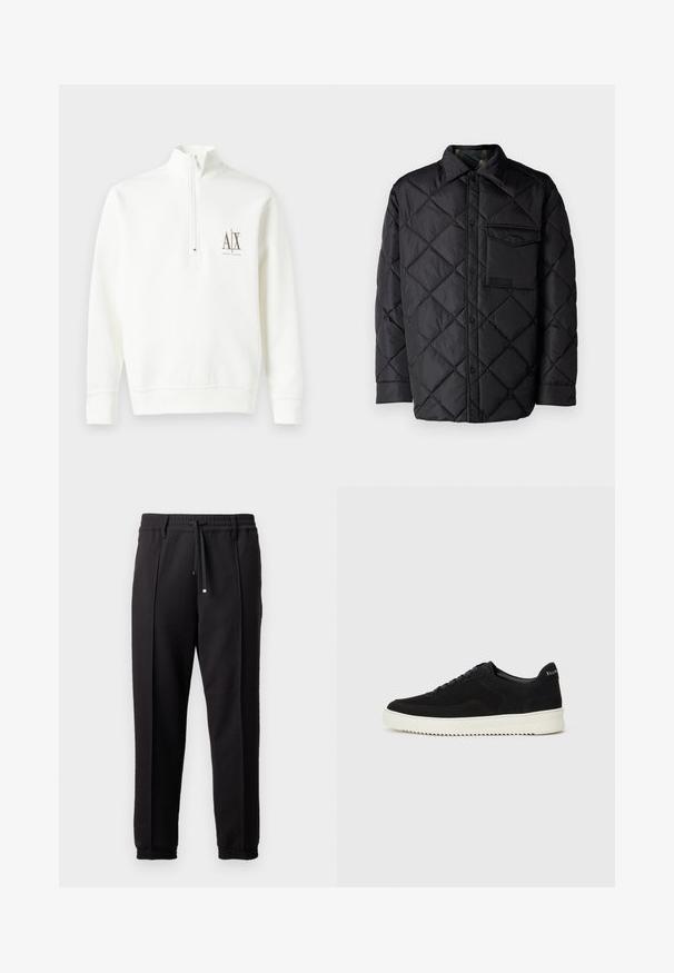 Črna prešita jakna z diamantom, dolgi rokavi, ovratnik in žep na prsih. Gladka tekstura in zapiranje na sponko.; Bela zip-jacket z visokim ovratnikom, izdelana iz mehkega blaga. Ima majhen logotip v rjavi barvi na levem prsnem košu ter rebrast rob in manšete.; Črne hlače z pasom, vrvico in elastičnimi manšeti. Imajo nabore in gladko teksturirano blago.; Črni semiš teniški copati z vezalkami in kontrastnim belim gumijastim podplatom. Imajo teksturirane stranske panele in subtilno oznako na peti.