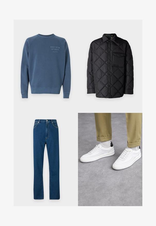 Giacca nera trapuntata con motivo a diamond, maniche lunghe, colletto e taschino sul petto. Texture liscia e chiusura con bottoni a pressione.; Felpa a girocollo blu realizzata in un tessuto misto cotone. Presenta polsini e bordo inferiori a costine, con testo ricamato sul petto. Design semplice.; Jeans in denim blu con vita alta, design a gamba dritta, stile a cinque tasche e cuciture arancioni a contrasto. Texture liscia.; Sneaker bianchi con finitura in pelle testurizzata, punta arrotondata e accentuazione nera sul tallone. Suola in gomma con piccolo motivo di battistrada e dettagli cuciti.