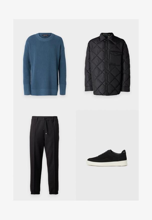 Svart quiltet jakke med diamantmønster, lange ermer, krage og brystlomme. Glatt tekstur og trykknapplukking.; Blå strikket genser med rund hals, lange ermer og ribbestrikkede mansjetter og hem. Har et strukturert mønster og en logo-tag på siden.; Sorte bukser med liv, snor og elastiske mansjetter. Har plisséer og et glatt, teksturert stoff.; Svart semsket sneakers med snøring og kontrasterende hvit gummisåle. Har teksturerte sidepaneler og subtil merkevare på hælen.