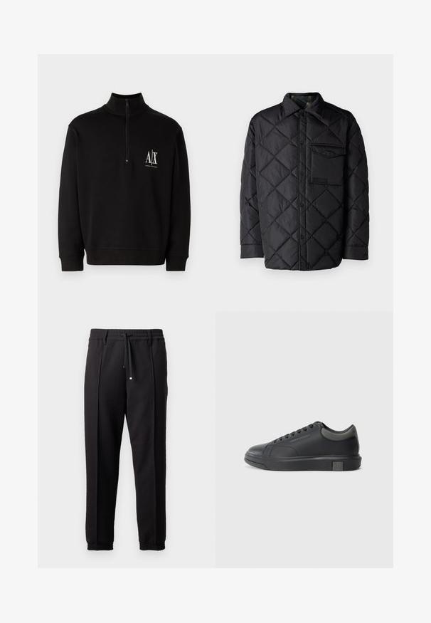 Črna prešita jakna z diamantom, dolgi rokavi, ovratnik in žep na prsih. Gladka tekstura in zapiranje na sponko.; Črna zip-up dukserica iz bombažne mešanice. Ima visok ovratnik, rebraste manšete in majhen bel logo na levem prsnem delu.; Črne hlače z pasom, vrvico in elastičnimi manšeti. Imajo nabore in gladko teksturirano blago.; Črne usnjene teniske s gladko površino, zaobljenim prstom in temno sivo akcenti. Imajo sistem vezanja in teksturiran gumijast podplat.