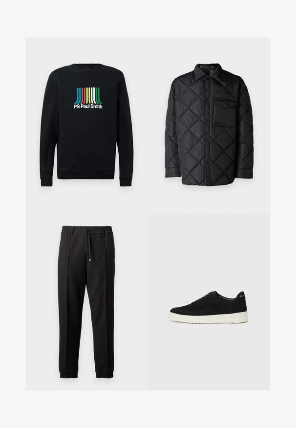 Veste noire matelassée avec motif en losange, manches longues, un col et une poche poitrine. Texture lisse et fermeture à boutons-pression.; Sweatshirt noir à manches longues, col rond, avec le logo "PS Paul Smith" en rayures vives de bleu, rouge, jaune, vert et blanc.; Pantalons noirs avec une taille élastique, cordon de serrage et poignets élastiques. Présente des plis et un tissu lisse et texturé.; Baskets en daim noir avec un design à lacets et une semelle en caoutchouc blanc contrastant. Comprend des panneaux latéraux texturés et un logo subtil sur le talon.