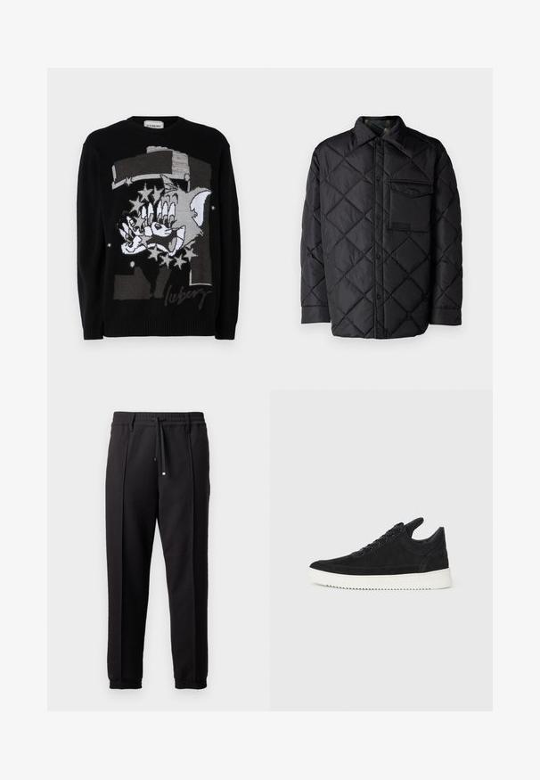 Black quilted jacket with diamond pattern, long sleeves, a collar, and a chest pocket. Smooth texture and snap-button closure.; Iceberg MAGLIA GIROCOLLO - Jumper - nero; Black trousers with a waistband, drawstring, and elastic cuffs. Features pleats and a smooth, textured fabric.; Black suede sneaker with a white rubber sole, featuring tonal stitching and lace-up design. Smooth texture with a modern, streamlined shape.