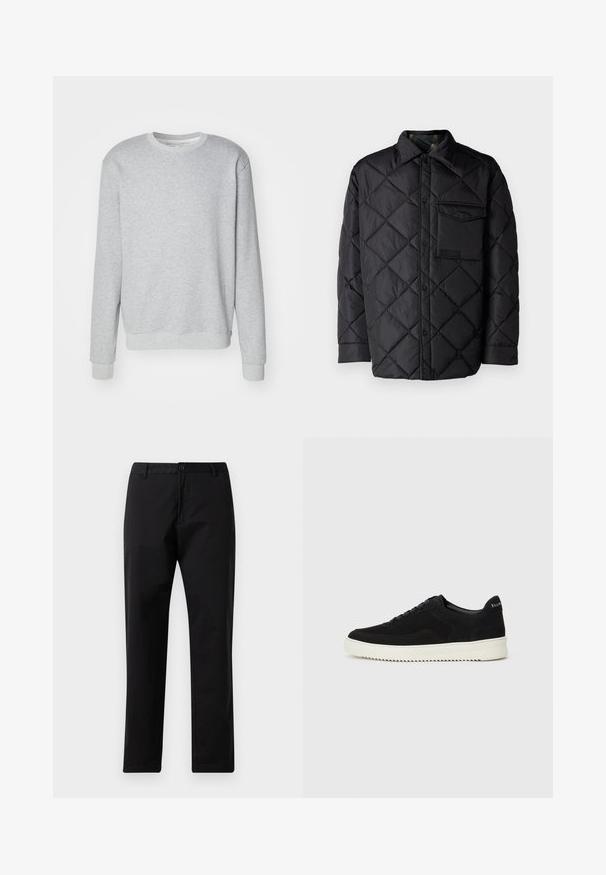 Svart quiltet jakke med diamantmønster, lange ermer, krage og brystlomme. Glatt tekstur og trykknapplukking.; Lys grå sweatshirt i mykt bomullsstoff, med rund hals, lange ermer, og ribbestrikkede mansjetter og kant. Enkel og avslappet passform.; Svarte rette bukser med knapp- og glidelås-lukking, beltehemper og frontlommer, vist på hvit bakgrunn.; Svart semsket sneakers med snøring og kontrasterende hvit gummisåle. Har teksturerte sidepaneler og subtil merkevare på hælen.