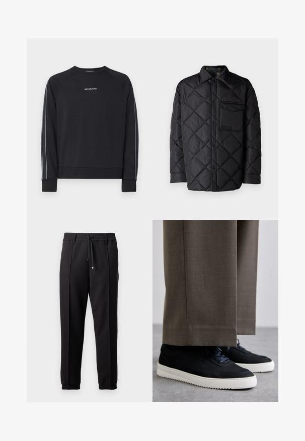 Jachetă neagră matlasată cu model în diamant, mâneci lungi, guler și un buzunar pe piept. Textură netedă și închidere cu capse.; Hanorac negru cu guler rotund, mâneci raglan, text logo alb și dungi laterale. Material moale cu o croială relaxată. Manșete și tiv din tricot.; Pantaloni negri cu un brâu, șnur și manșete elastice. Prezintă pliuri și un material neted, texturat.; Tenisi din suede negru cu talpă din cauciuc alb, având vârf rotunjit și șireturi, purtați cu pantaloni gri ajustați.