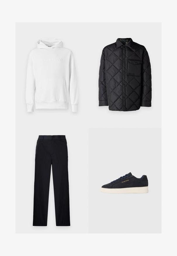 Fekete steppelt dzseki gyémántmintával, hosszú ujjak, gallér és mellzseb. Simaság jellemzi és patentos záródású.; Fehér kapucnis pulóver, elülső kenguruzsebbel, húzózsinóros kapucnival és dombornyomott "QUARTZ CO" logóval a mellkason. Puha pamut anyag.; Fekete nadrág könnyű, textúrált anyagból, egyenes szárú kialakítással, rugalmas derékpánttal és oldalsó cipzáras zsebekkel.; Sötétkék velúr, alacsony szárú teniszcipő fehér talppal, sötétkék fűzőkkel és arany színű "Filling Pieces" logóval az oldalán.