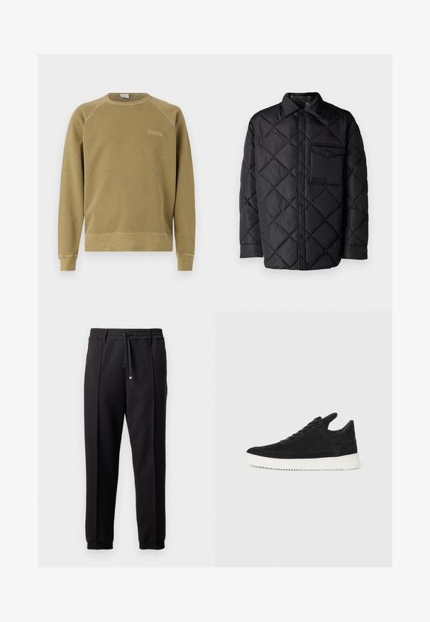 Crna jakna od prešane tkanine s dijamantnim uzorkom, dugim rukavima, ovratnikom i džepom na prsima. Glatka tekstura i zatvaranje na dugmad.; Maslinasto zeleni dukserica s raglan rukavima, okruglim izrezom i vezanim logotipom "CLOSED". Napravljena od mekanog pamučnog materijala, s rebrastim rubom.; Crne hlače s pojasom, vezicom i elastičnim rubovima. Imaju nabore i glatku, teksturiranu tkaninu.; Crne nubuk tenisice s bijelim gumenim potplatom, s toniranim šavovima i dizajnom vezanja. Glatka tekstura s modernim, strujnim oblikom.