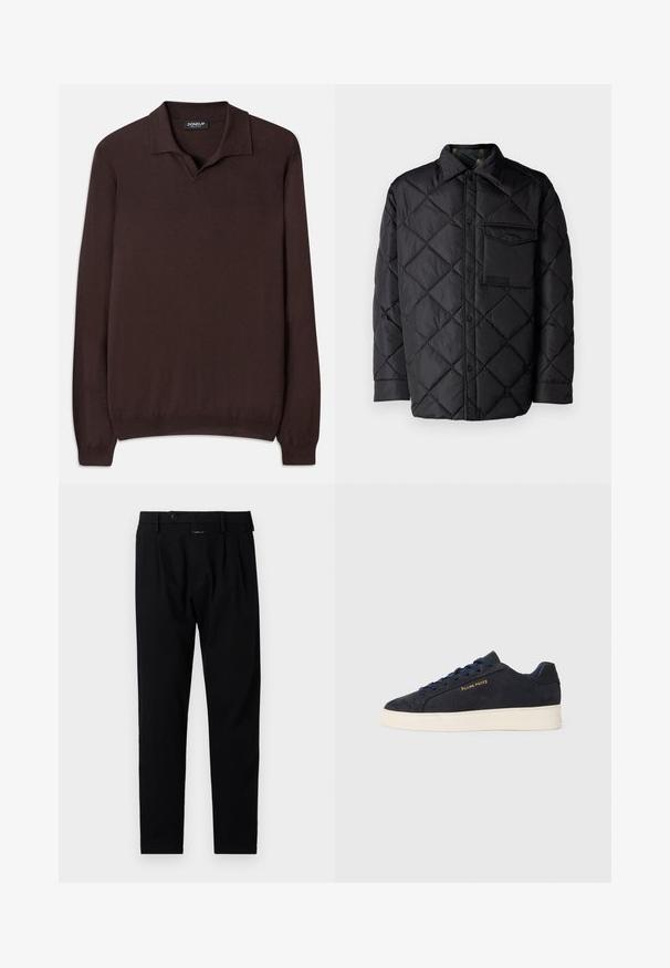 Mustra mustriga mustav tepitud jakk, pika varrukaga, kraega ja rinnakotiga. Sile tekstuur ja nupuklipp.; Dondup REGULAR FIT SHIRT - Džemper - cioccolato; Mustad püksid, millel on kohandatud lõige, lamedad esiosad, ühe plekiga ja nööbiga kinni. Valmistatud siledast kangast, sobivad ametlikuks kandmiseks.; Tumedat sinine seemisnahast madala profiiliga tennis, valge tossutald, tumesinised paelad ning küljes kuldne "Filling Pieces" logo.