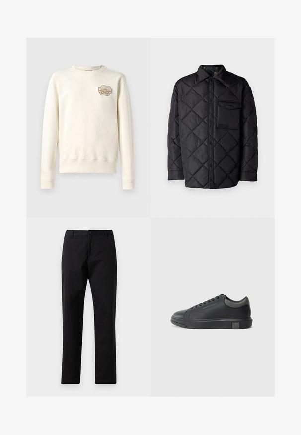 Black quilted jacket with diamond pattern, long sleeves, a collar, and a chest pocket. Smooth texture and snap-button closure.; Light beige sweatshirt with a round neck, long sleeves, and ribbed cuffs. Features a decorative embroidered patch on the left chest.; Black straight-leg trousers with button and zip closure, belt loops, and front pockets, displayed on white background.; Black leather sneaker with a smooth finish, rounded toe, and dark grey accents. Features lace-up design and textured rubber sole.