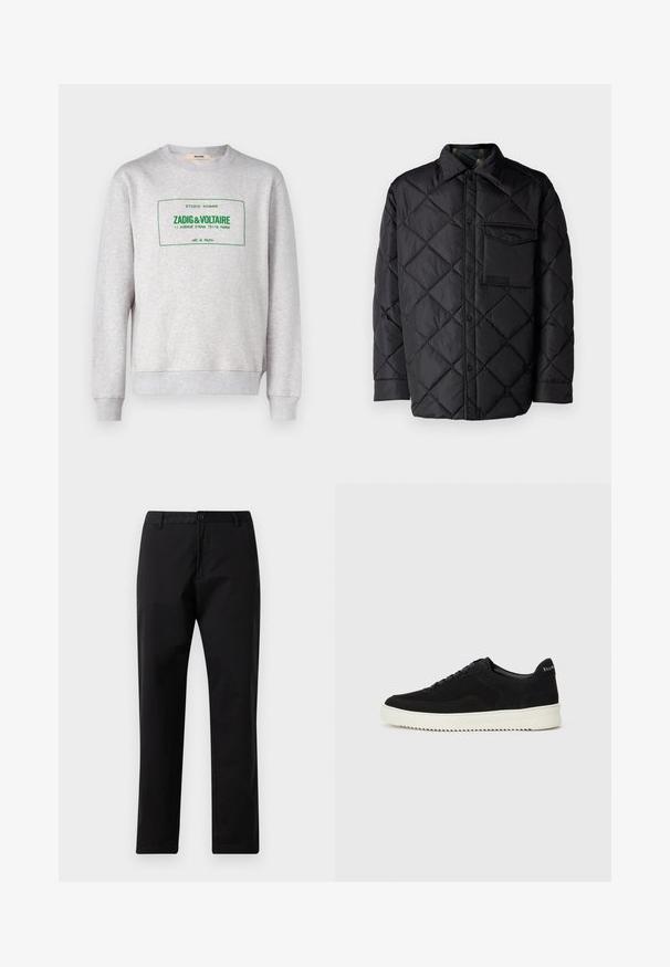 Svart quiltet jakke med diamantmønster, lange ermer, krage og brystlomme. Glatt tekstur og trykknapplukking.; Zadig & Voltaire SIMBA BLASON - Sweatshirt - gris; Svarte rette bukser med knapp- og glidelås-lukking, beltehemper og frontlommer, vist på hvit bakgrunn.; Svart semsket sneakers med snøring og kontrasterende hvit gummisåle. Har teksturerte sidepaneler og subtil merkevare på hælen.