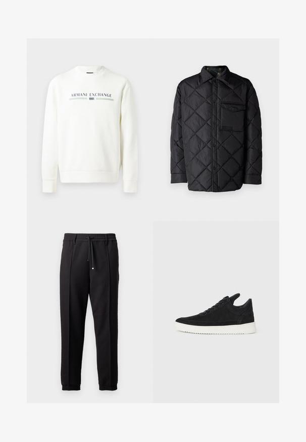 Czarna pikowana kurtka z diamentowym wzorem, długimi rękawami, kołnierzem i kieszenią na piersi. Gładka tekstura i zapięcie na napy.; Biała bluza z okrągłym dekoltem, długimi rękawami i ściągaczami przy mankietach. Posiada nadrukowane logo "Armani Exchange 1991" w niebieskim i zielonym kolorze.; Czarne spodnie z pasem, sznurkiem do regulacji i elastycznymi mankietami. Posiadają kanty oraz gładki, teksturowany materiał.; Czarne zamszowe sneakersy z białą gumową podeszwą, z tonalnym przeszyciem i sznurowanym zapięciem. Gładka tekstura, nowoczesny, smukły kształt.