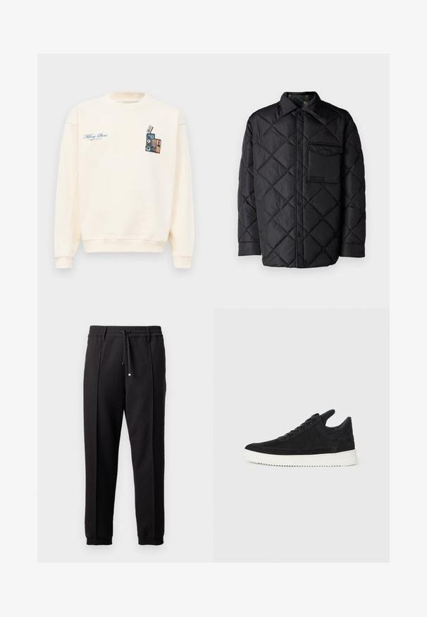 Svart quiltet jakke med diamantmønster, lange ermer, krage og brystlomme. Glatt tekstur og trykknapplukking.; Kremfarget crewneck hettegenser med blå tekst "Filling Pieces" på venstre bryst og grafikk av stablede vintage høyttalere på høyre bryst.; Sorte bukser med liv, snor og elastiske mansjetter. Har plisséer og et glatt, teksturert stoff.; Sorte semskede sneakers med hvit gummisåle, med tonale sømmer og snøring. Glatt tekstur med en moderne, strømlinjeformet form.