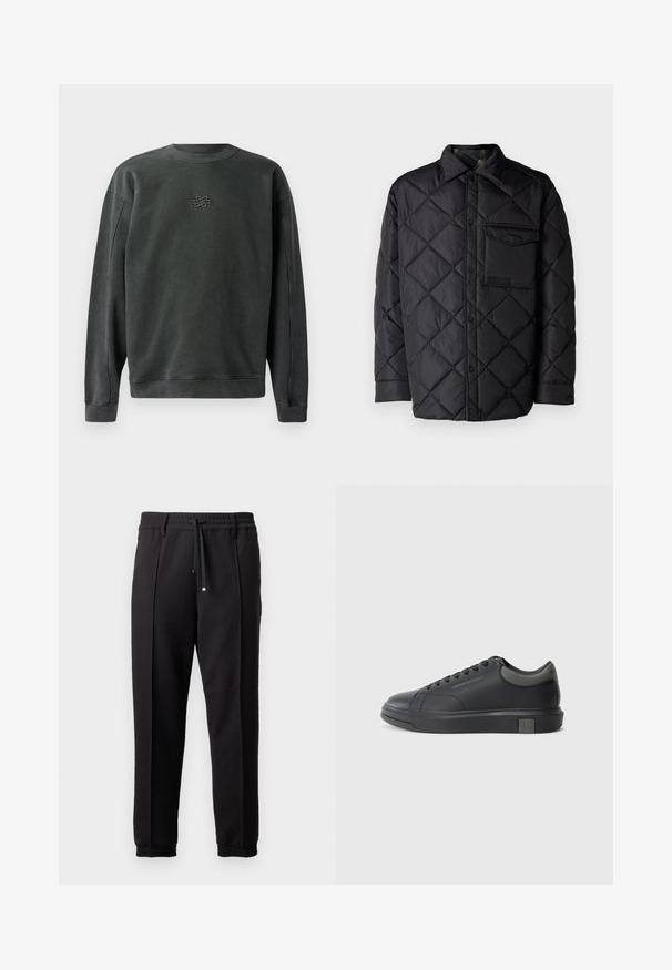 Svart quiltet jakke med diamantmønster, lange ermer, krage og brystlomme. Glatt tekstur og trykknapplukking.; Mørkegrå genser med rund hals, ribbestrikkede ermer og nederkant. Har et lite brodert design i midten. Myk, strukturert stoff.; Sorte bukser med liv, snor og elastiske mansjetter. Har plisséer og et glatt, teksturert stoff.; Sorte lærersneakers med en glat finish, rund tå og mørkegrå detaljer. Har snørebånd og en struktureret gummisål.