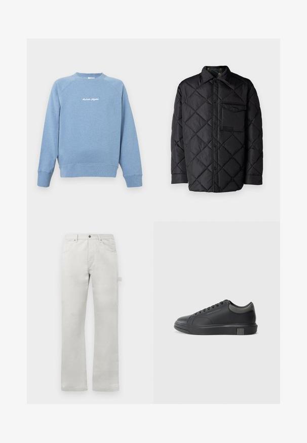 Jachetă neagră matlasată cu model în diamant, mâneci lungi, guler și un buzunar pe piept. Textură netedă și închidere cu capse.; Hanorac bleu deschis dintr-un material moale, cu guler rotund și mâneci raglan. Conține un text alb brodat pe piept.; Pantaloni gri deschis cu un croi drept, realizați din țesătură de bumbac neted, cu buzunare frontale și un buzunar lateral tip cargo.; Tenisii din piele neagră cu un finisaj neted, vârf rotunjit și accente gri închis. Au un design cu șireturi și talpă din cauciuc texturat.