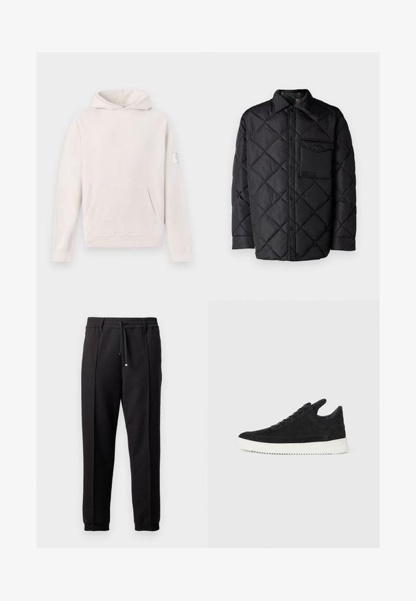 Črna prešita jakna z diamantom, dolgi rokavi, ovratnik in žep na prsih. Gladka tekstura in zapiranje na sponko.; Svetlo siva kapuca iz mehkega blaga, ki ima sprednjo žep, raglan rokave in vezan oznako na levem rokavu.; Črne hlače z pasom, vrvico in elastičnimi manšeti. Imajo nabore in gladko teksturirano blago.; Črne semiš športne copate z belo gumijasto podplatom, ki imajo toneče šive in vezalni dizajn. Gladka tekstura z modernim, poenoteno oblikovano silhueto.