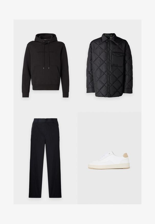 Svart quiltet jakke med diamantmønster, lange ermer, krage og brystlomme. Glatt tekstur og trykknapplukking.; Svart hettegenser med kengurulomme, snor i hetten og forhøyd "MICHAEL KORS" logo foran. Laget av myk stoff.; Sorte bukser med lett og teksturert stoff, rett ben-design, elastisk midjebånd og sidelommer med glidelås.; Hvite lave sneakers med overdel i teksturert skinn, kremfarget såle med ribber og en brunt fargeklatt på hælen. Har hvite lisser og logodetalj på hælen.