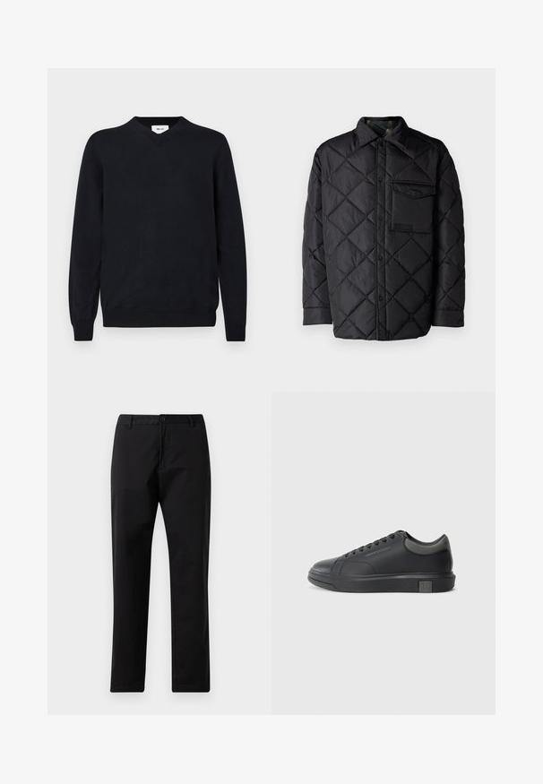 Black quilted jacket with diamond pattern, long sleeves, a collar, and a chest pocket. Smooth texture and snap-button closure.; Black v-neck sweater made of soft material, featuring long sleeves and ribbed cuffs and hem. Minimalist design with no visible patterns.; Black straight-leg trousers with button and zip closure, belt loops, and front pockets, displayed on white background.; Black leather sneaker with a smooth finish, rounded toe, and dark grey accents. Features lace-up design and textured rubber sole.