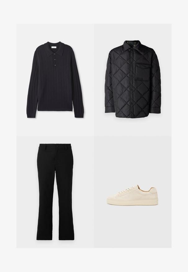 Black quilted jacket with diamond pattern, long sleeves, a collar, and a chest pocket. Smooth texture and snap-button closure.; Dark navy long-sleeve knitted polo sweater with three buttons and ribbed cuffs, featuring a textured vertical stripe pattern.; Black flared trousers made of cotton blend fabric, featuring a button closure, belt loops, and a smooth texture with no visible patterns.; Beige suede sneaker with a low-top design, round toe, flat laces, and a textured rubber sole. Minimalist style with no visible logos.