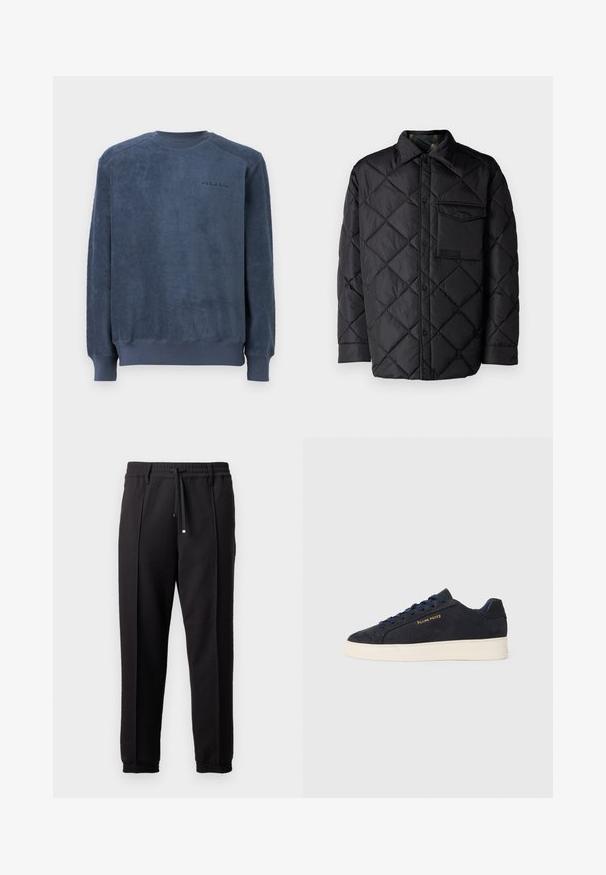 Black quilted jacket with diamond pattern, long sleeves, a collar, and a chest pocket. Smooth texture and snap-button closure.; PS Paul Smith Fleece jumper - grey; Black trousers with a waistband, drawstring, and elastic cuffs. Features pleats and a smooth, textured fabric.; Navy blue suede low-top sneaker with white sole, navy laces, and "Filling Pieces" logo in gold on the side.