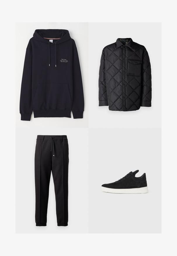 Giacca nera trapuntata con motivo a diamond, maniche lunghe, colletto e taschino sul petto. Texture liscia e chiusura con bottoni a pressione.; Felpa blu navy con tasca frontale, coulisse e piccolo testo bianco che dettaglia il marchio e l'indirizzo. Realizzata in tessuto morbido.; Pantaloni neri con cintura, cordoncino e polsini elasticizzati. Presentano pieghe e un tessuto liscio e strutturato.; Sneaker in suede nero con suola in gomma bianca, caratterizzato da cuciture tonali e design con lacci. Texture liscia con una forma moderna e aerodinamica.