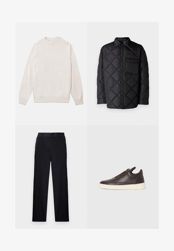 Crna jakna od prešane tkanine s dijamantnim uzorkom, dugim rukavima, ovratnikom i džepom na prsima. Glatka tekstura i zatvaranje na dugmad.; Svijetlosmeđi pulover od mekanog materijala s rebrastim okruglim izrezom, manžetama na rukavima i rubom, opuštenog kroja i minimalističkog dizajna.; Crne hlače od lagane, teksturirane tkanine, ravnog kroja, s elastičnom gumicom u struku i bočnim džepovima sa zatvaračem.; Tamno smeđi teksturirani kožni tenisice s vezanjem sprijeda i bijelim rebrastim gumiranim potplatom na jednolično svijetloj pozadini.