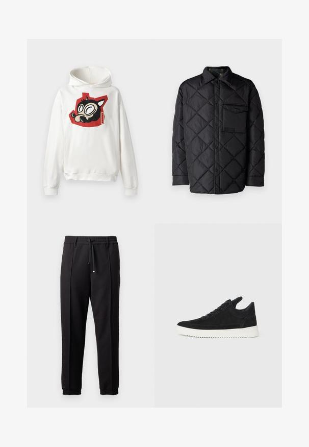 Giacca nera trapuntata con motivo a diamond, maniche lunghe, colletto e taschino sul petto. Texture liscia e chiusura con bottoni a pressione.; Felpa bianca con cappuccio con una grafica di faccia di animale dei cartoni neri su uno sfondo rosso. Realizzata in materiale morbido con polsini a costine.; Pantaloni neri con cintura, cordoncino e polsini elasticizzati. Presentano pieghe e un tessuto liscio e strutturato.; Sneaker in suede nero con suola in gomma bianca, caratterizzato da cuciture tonali e design con lacci. Texture liscia con una forma moderna e aerodinamica.